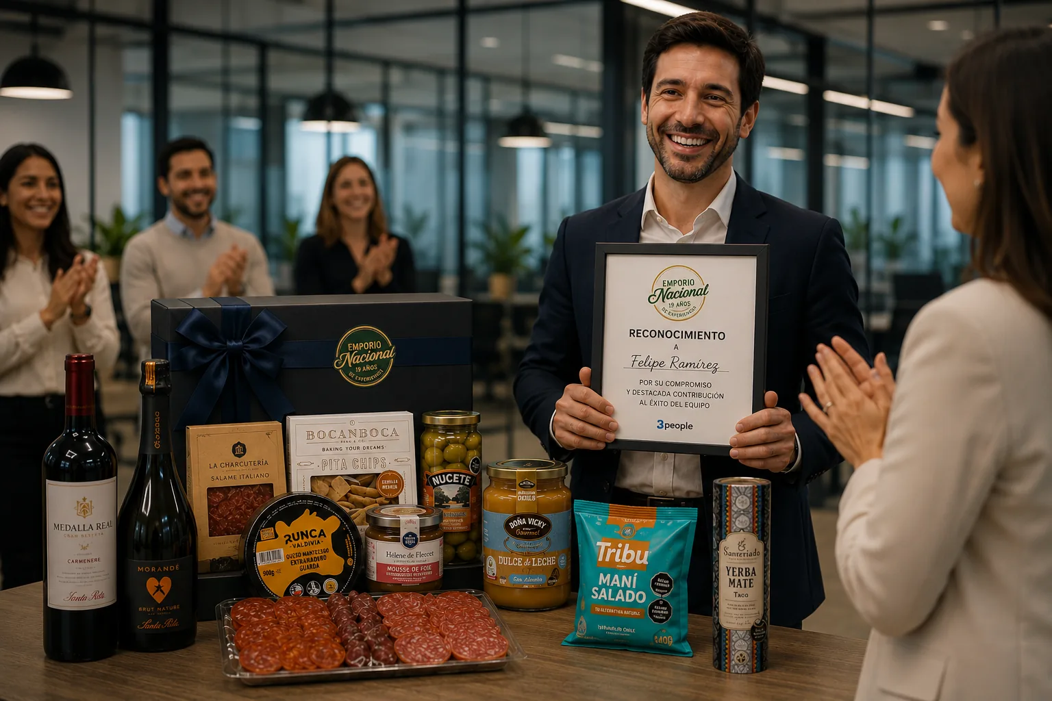 Reconocimiento a un colaborador junto a una caja de regalo corporativo de Emporio Nacional