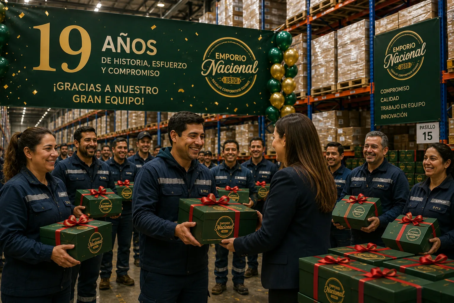Celebración de aniversario de empresa: el equipo recibe cajas de regalo de Emporio Nacional bajo un lienzo de 19 años