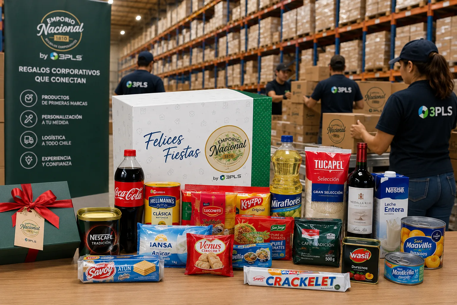 Canasta corporativa tradicional con productos de primeras marcas, armada en la bodega de 3PLS