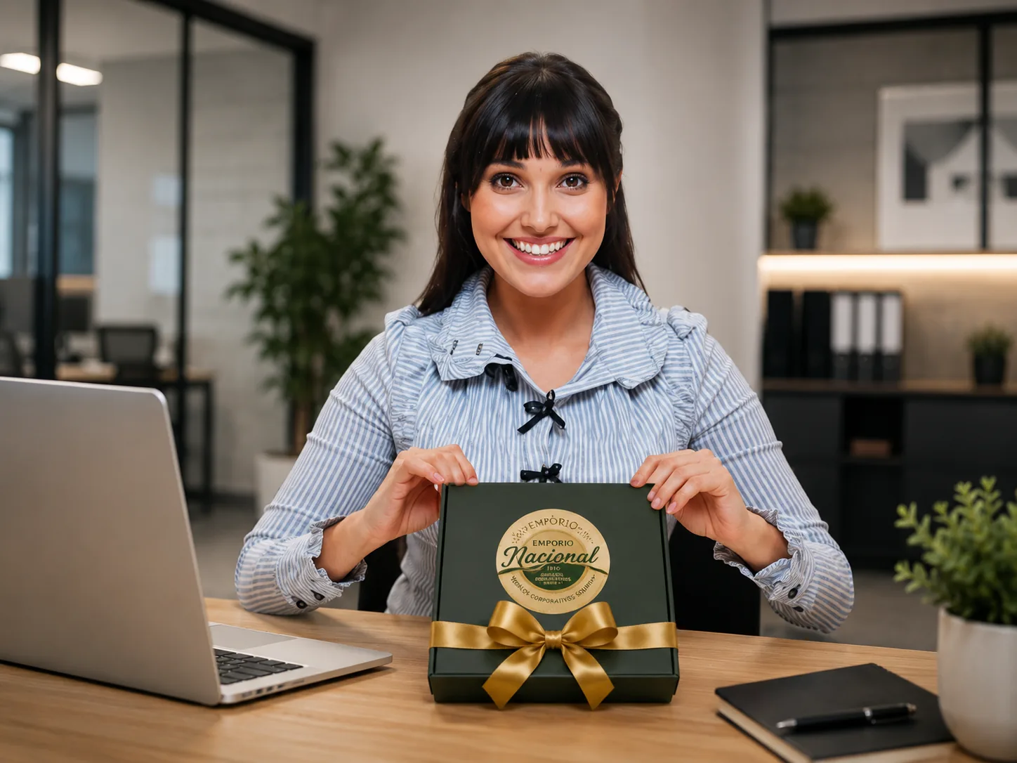 Asistente recibiendo su caja de regalo corporativo de Emporio Nacional en la oficina