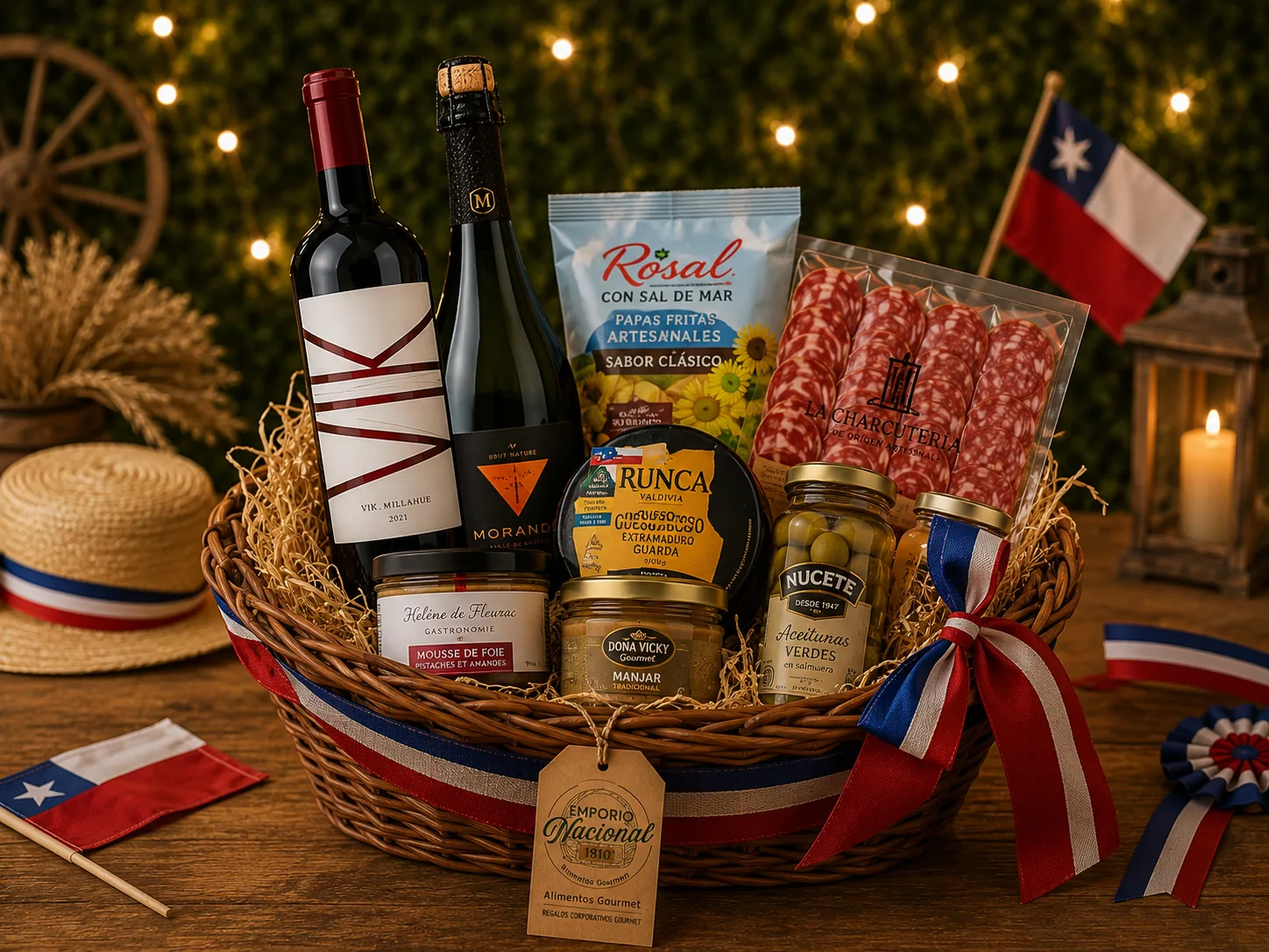 Canasta dieciochera con vino, espumante, charcutería, aceitunas y papas fritas, con cinta chilena y banderas