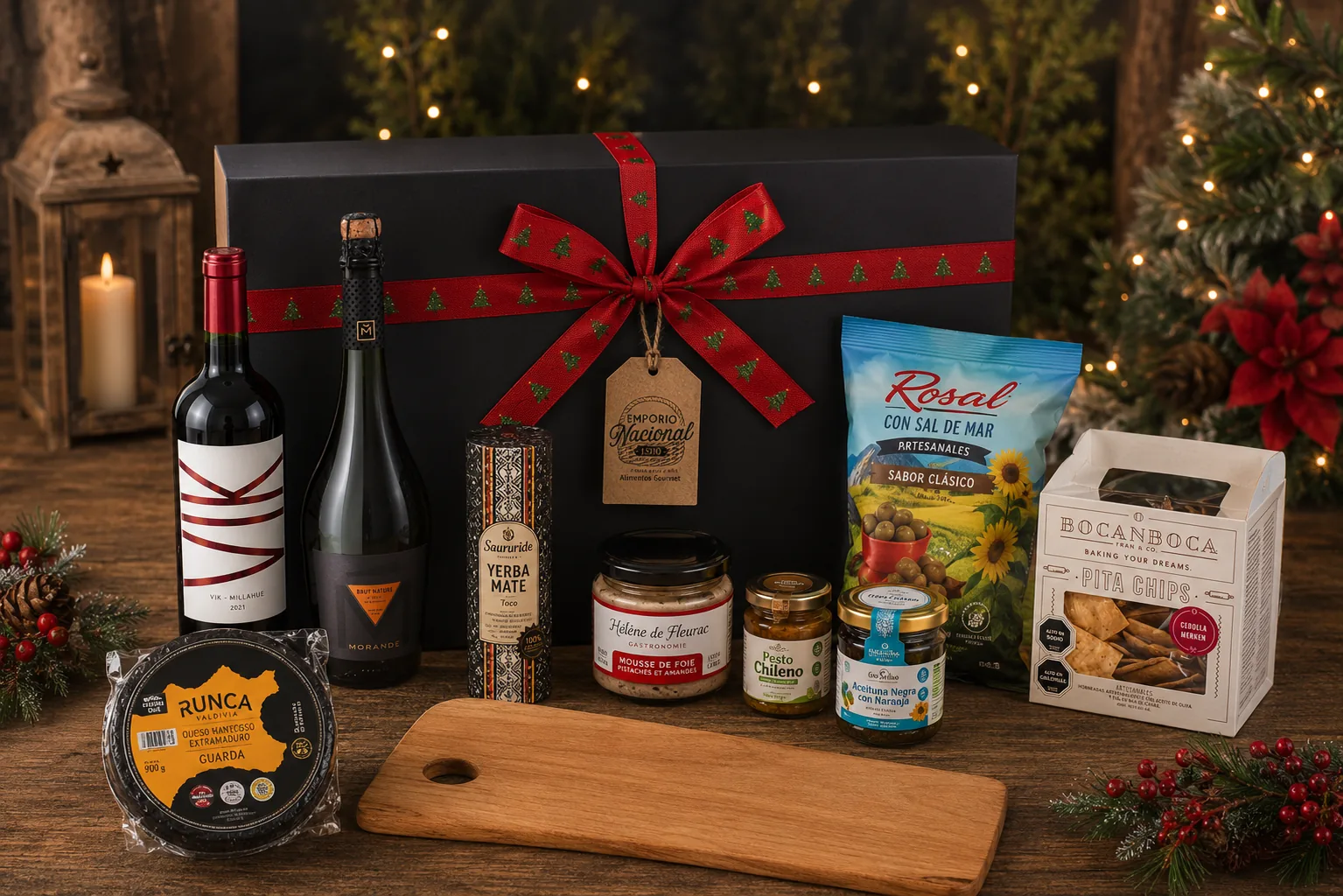 Caja de Navidad con cinta roja, vino, espumante y productos gourmet junto a un árbol iluminado