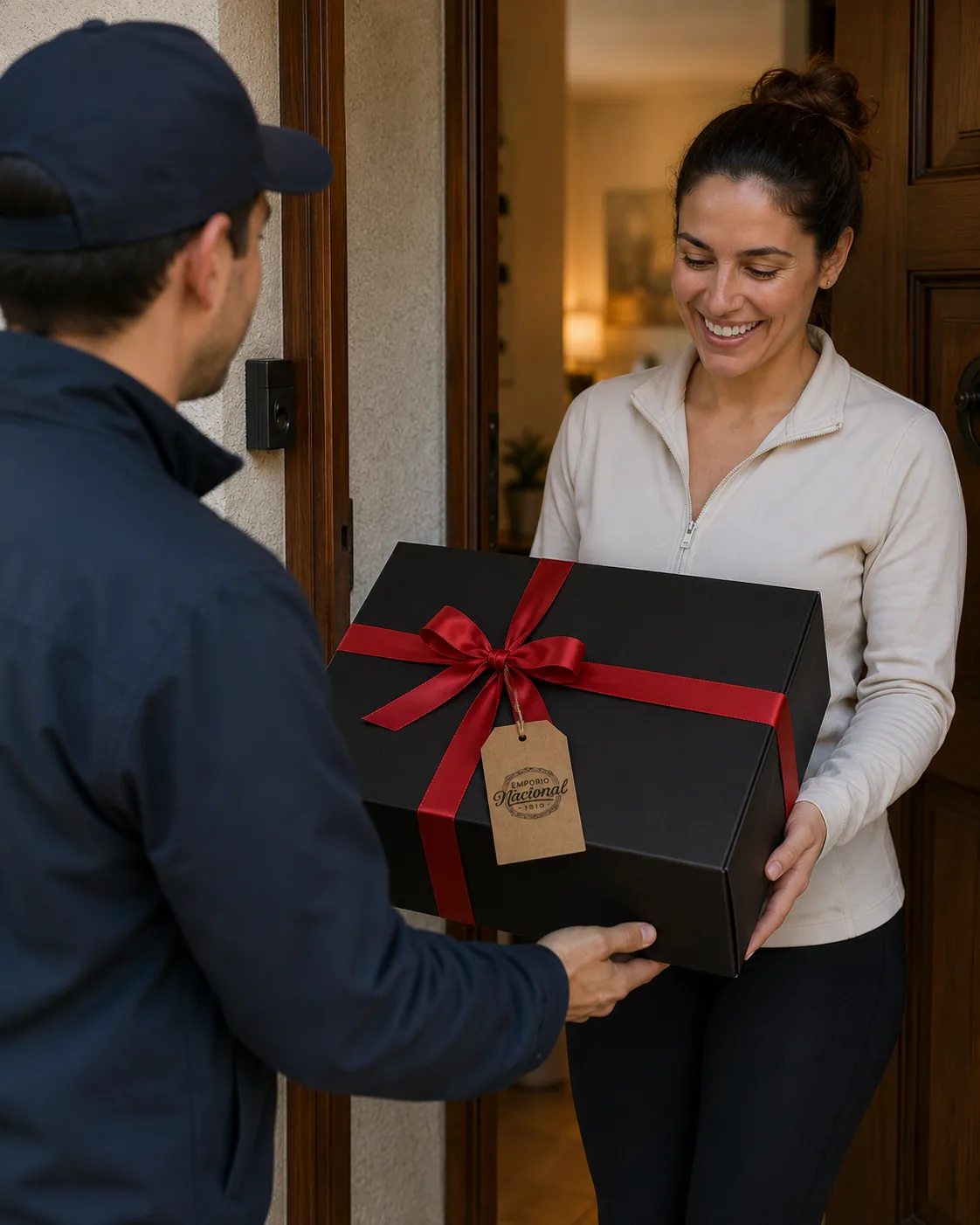 Entrega de una caja de Navidad de Emporio Nacional en el domicilio de una clienta