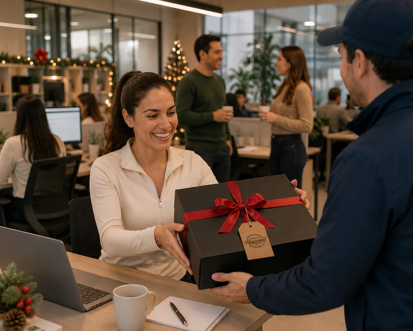 Entrega de una caja de Navidad en una oficina decorada para fin de año