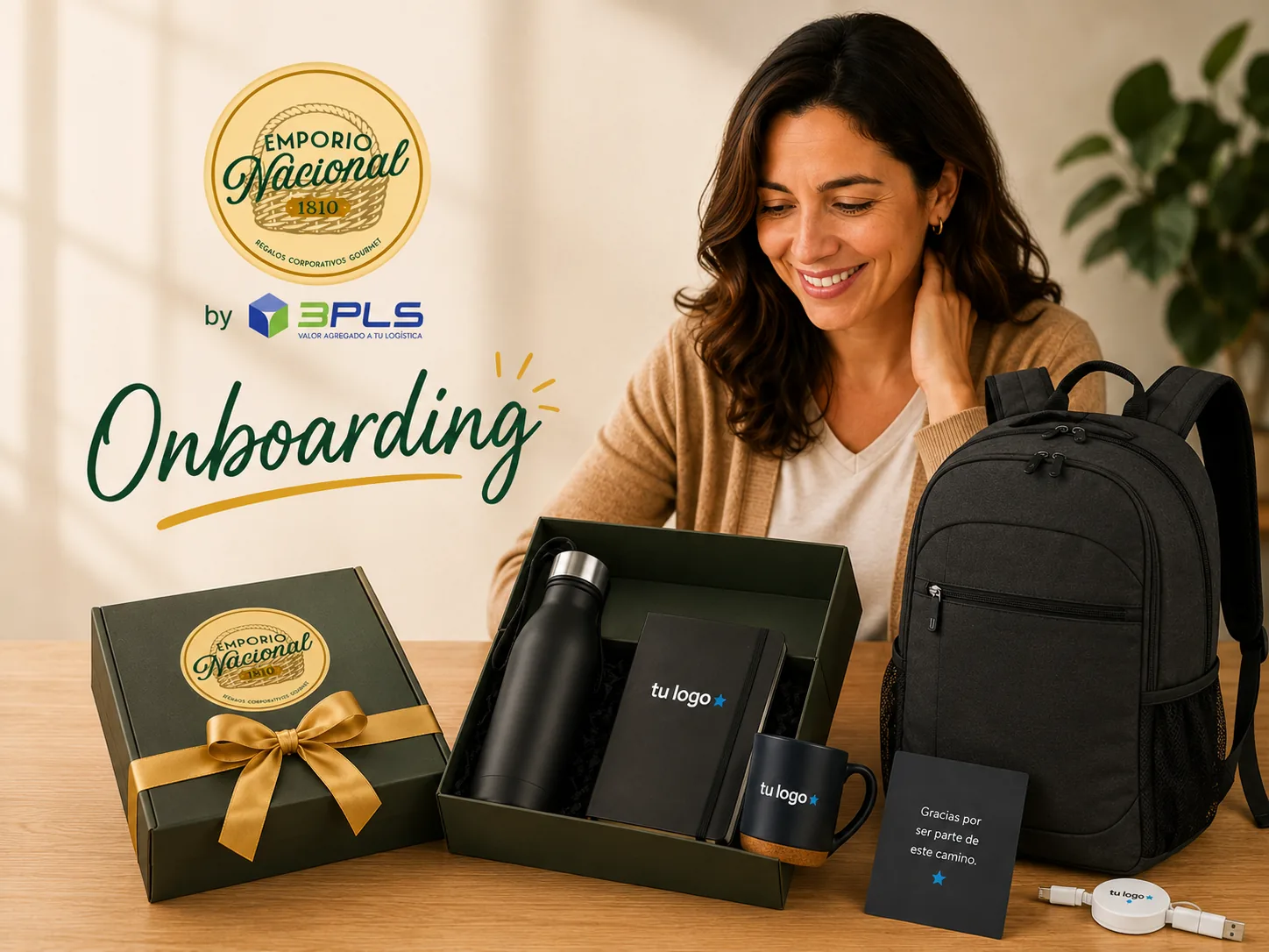 Welcome Kit de onboarding con botella térmica, libreta, taza y mochila personalizadas